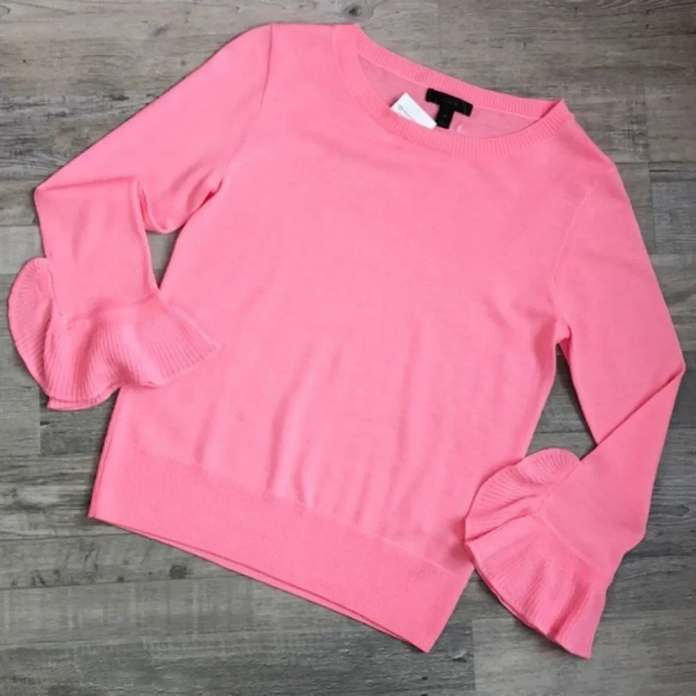 J. Crew 100% Merino Wool Pink Crew Neck Ruffle Sleeve Sweater NWT